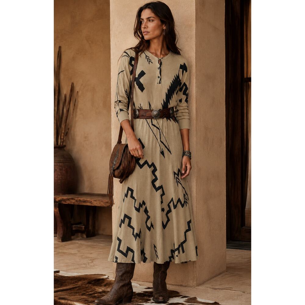 Polo Ralph Lauren SZ M Women's Southwestern Print Henley Maxi Dress Cream Gray